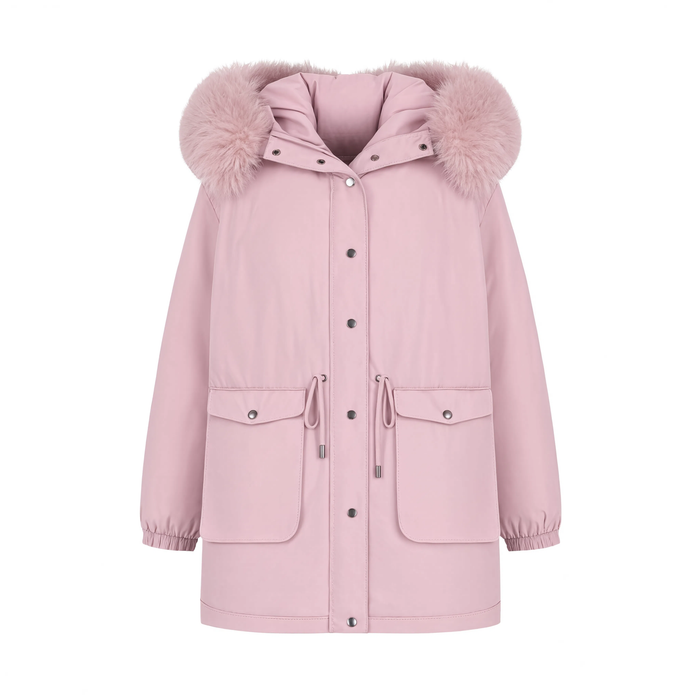 Parka femme L'Écrin rose sur fond blanc, capuche fausse fourrure et poches à rabat