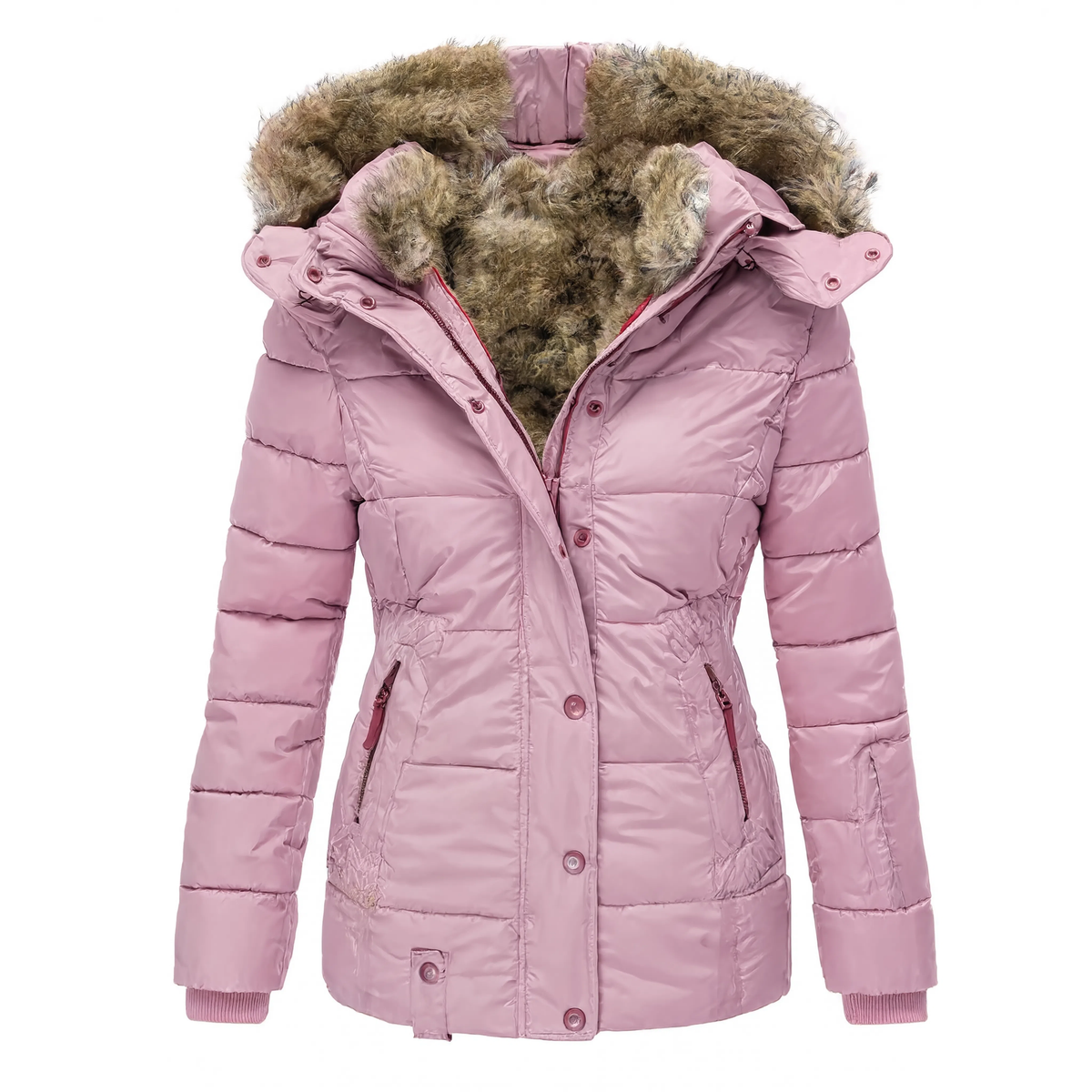 Parka femme rose à capuche en fausse fourrure, vue produit sur fond blanc