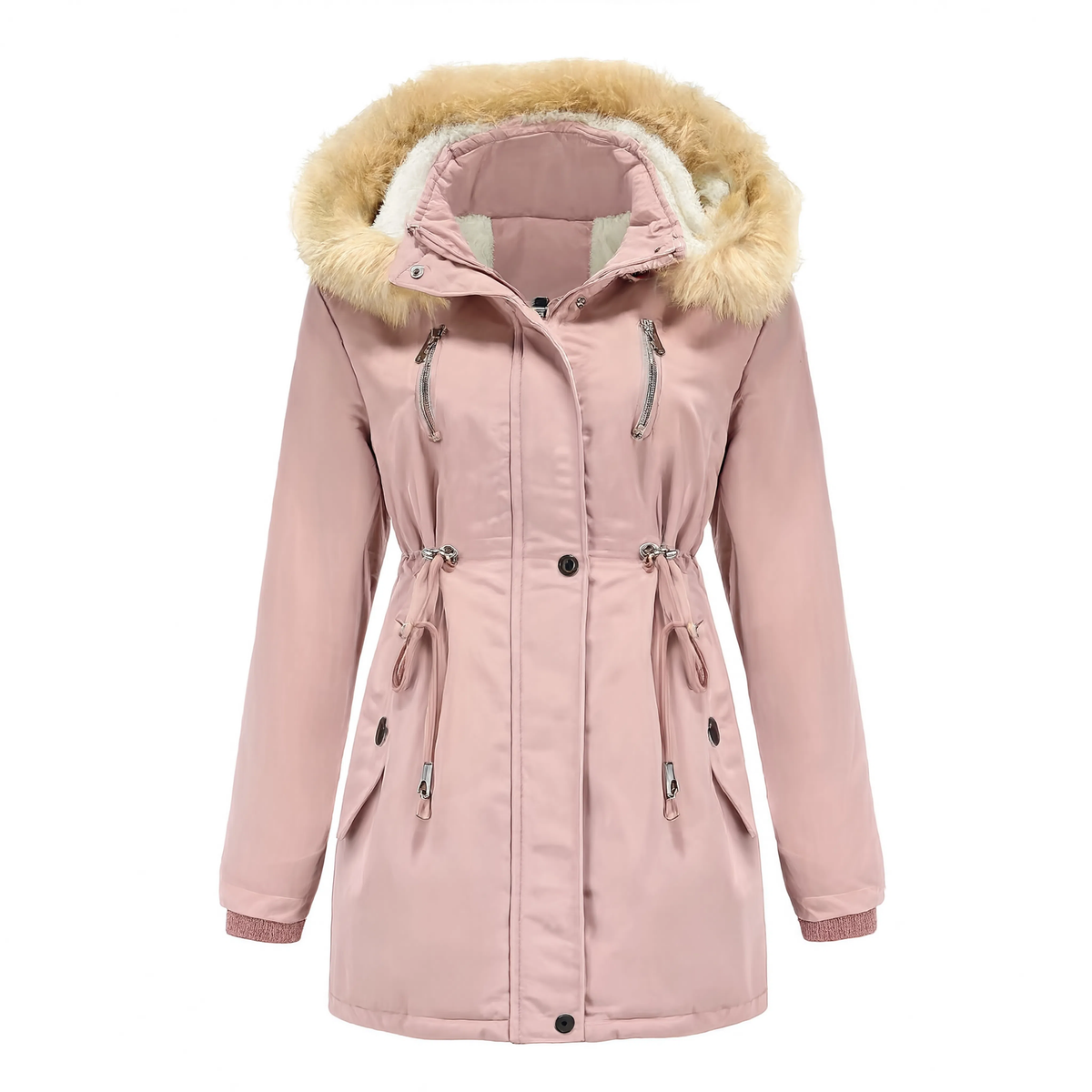 Parka femme rose à capuche amovible fourrée, vue produit sur fond blanc