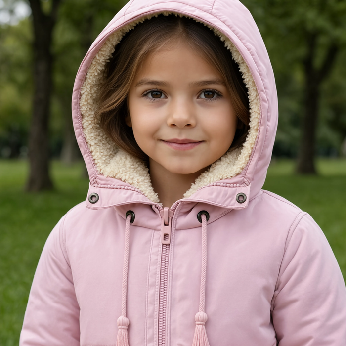 Gros plan sur le col et la capuche de la parka enfant rose