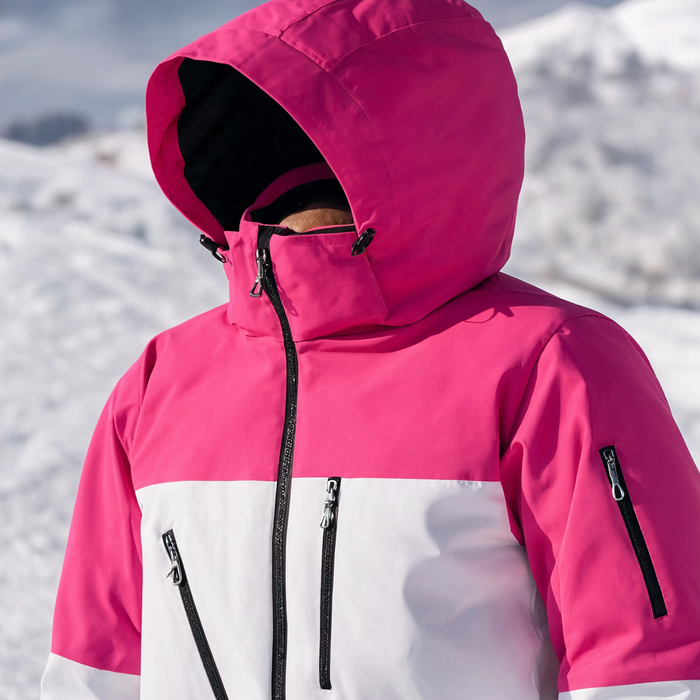Gros plan sur le col et la capuche de la veste de ski rose fuchsia