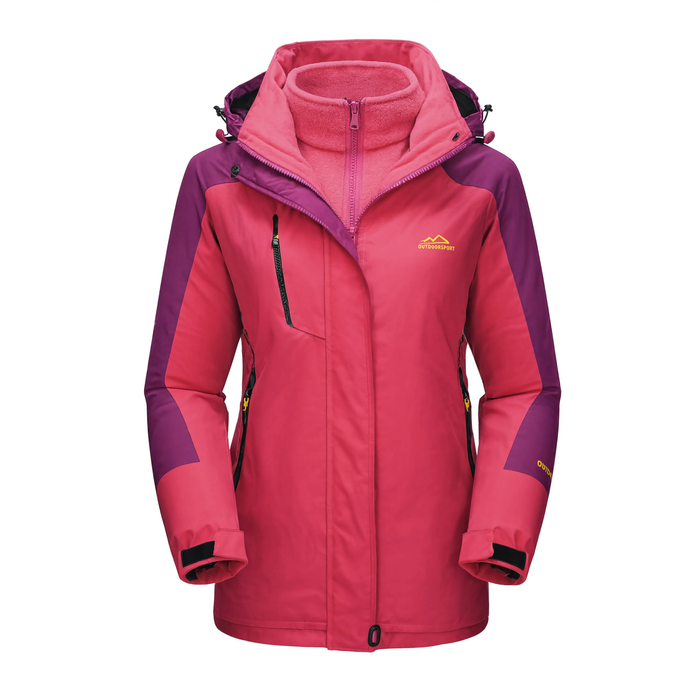Parka de ski femme 3 en 1 La Piste rose vif sur fond blanc