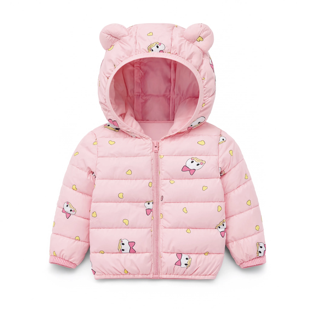 Parka enfant rose motif licorne à capuche, vue produit sur fond blanc