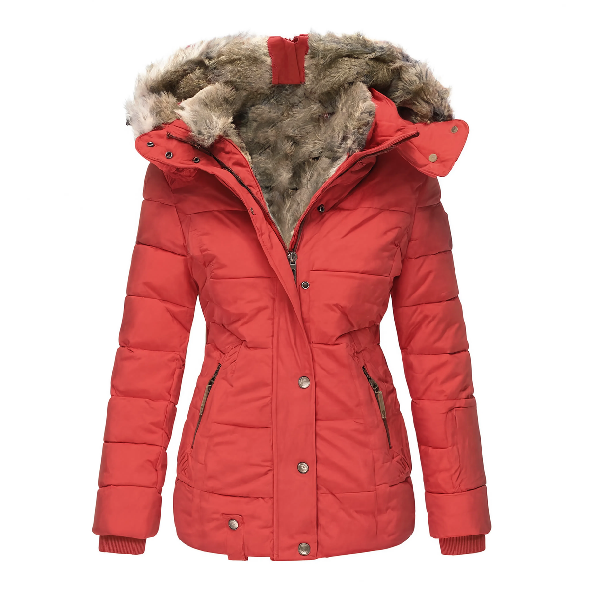 Parka femme rouge à capuche en fausse fourrure, vue produit sur fond blanc