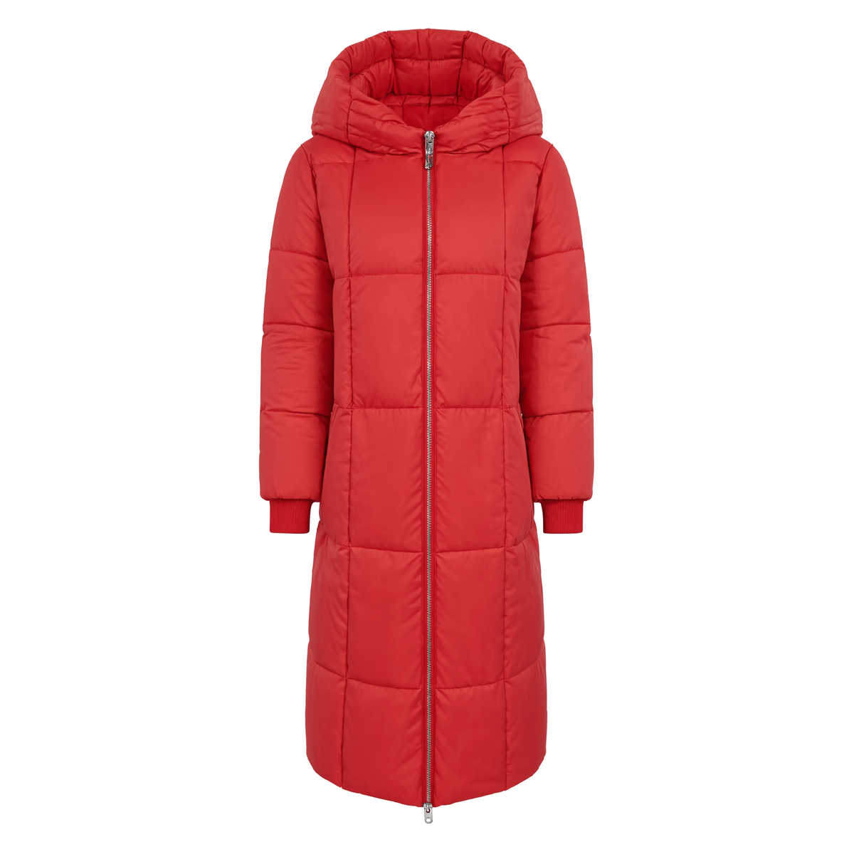 Parka femme longue matelassée rouge à capuche, vue produit sur fond blanc