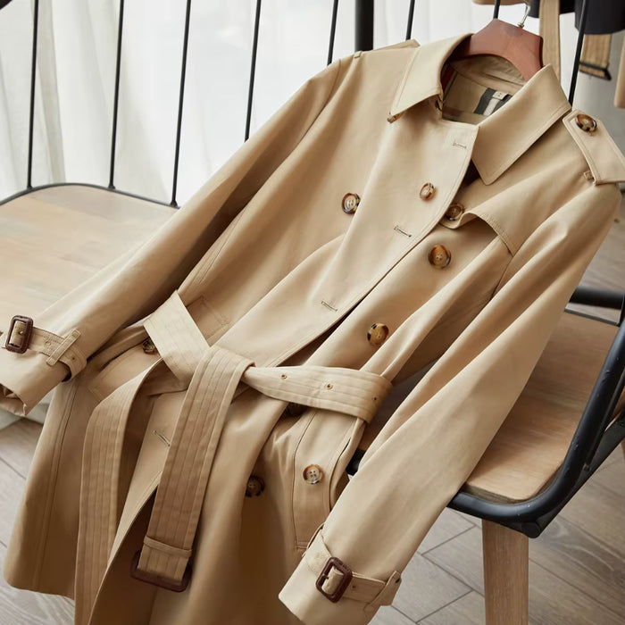 Trench femme beige mi-long en sergé de coton, vue de face