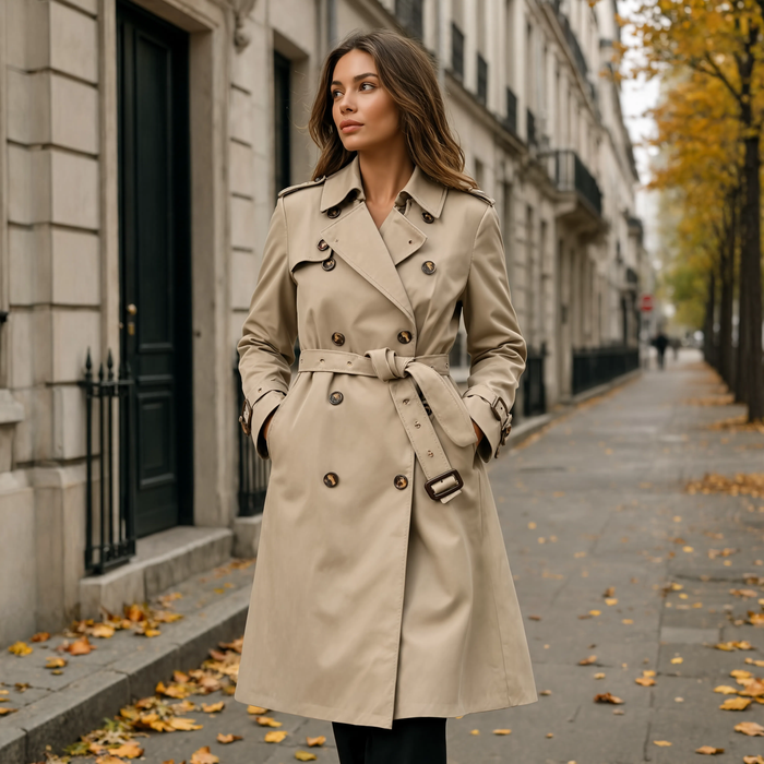 Trench femme beige ceinturé porté en ville