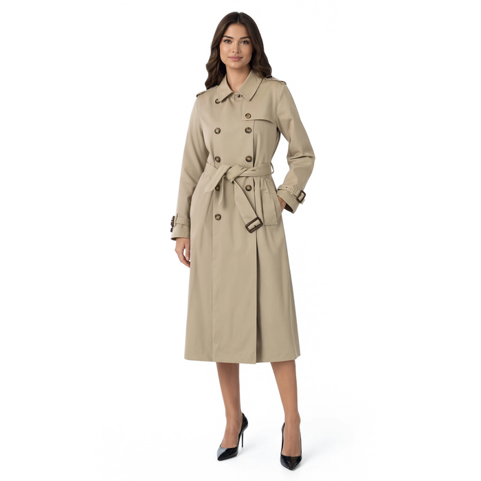 Femme portant le trench beige mi-long ceinturé La Devanture, vue de face