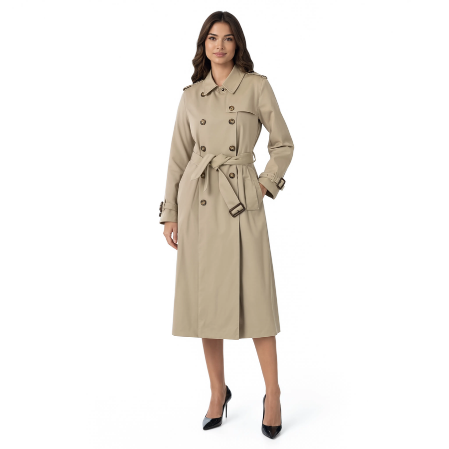 Femme portant le trench beige mi-long ceinturé La Devanture, vue de face