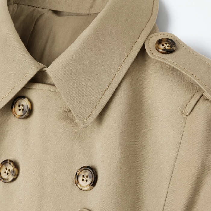 Gros plan sur le col à revers et le double boutonnage du trench beige