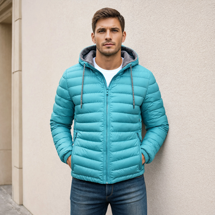 Doudoune homme légère Le Sillage turquoise portée en extérieur