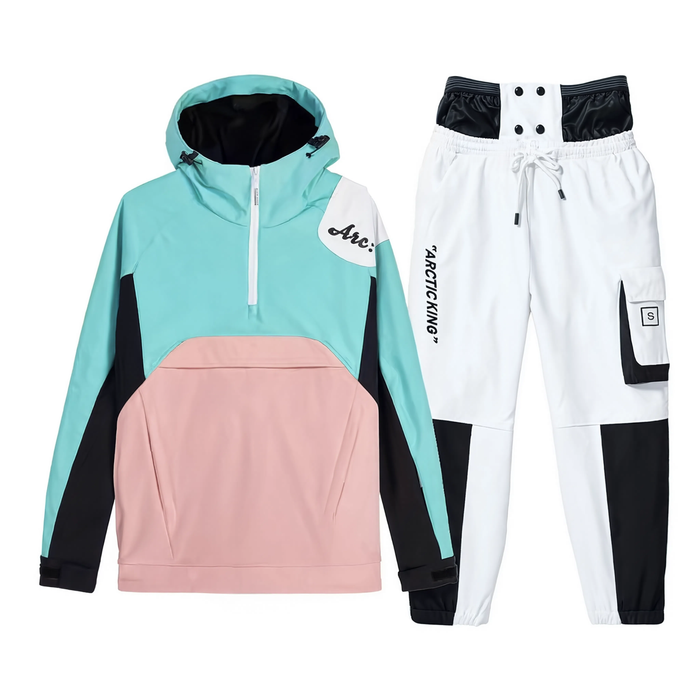 Ensemble de ski turquoise et rose, veste et pantalon, vue produit