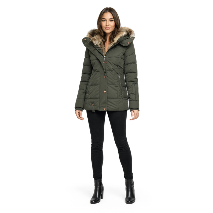 Femme portant la parka d'hiver vert armée à capuche fourrée, vue de face