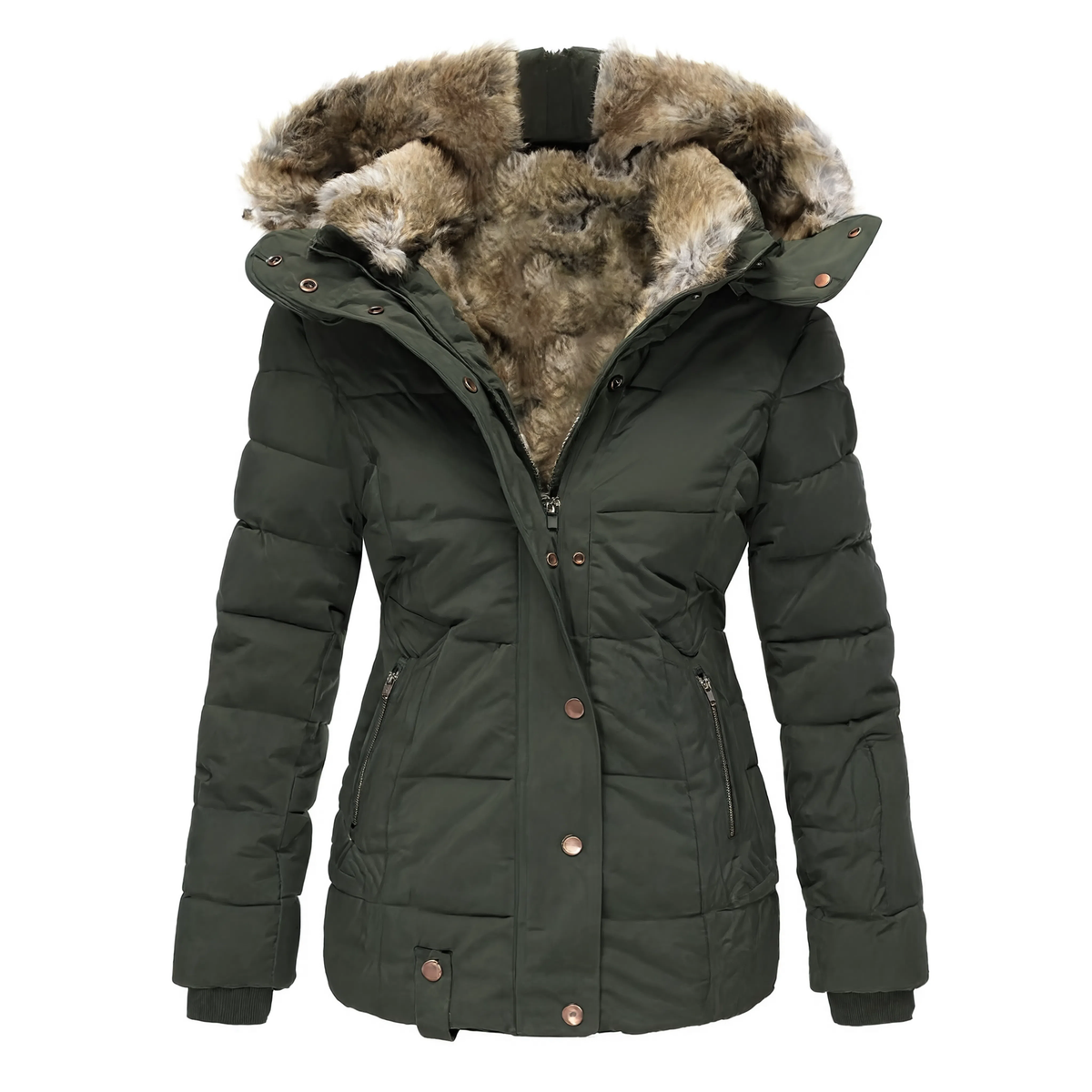 Parka femme vert armée à capuche en fausse fourrure, vue produit sur fond blanc