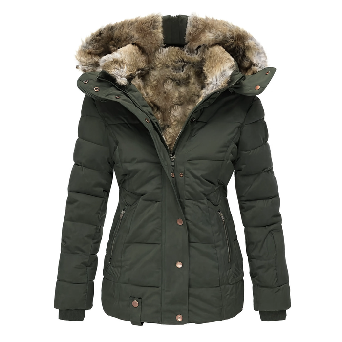 Parka femme vert armée à capuche en fausse fourrure, vue produit sur fond blanc