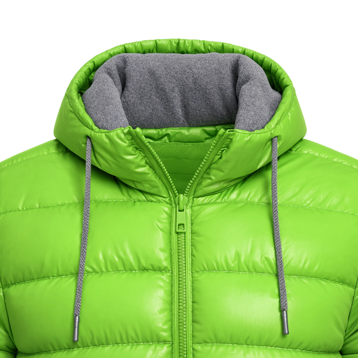 Zoom sur le col et la capuche de la doudoune homme Le Sillage vert lime
