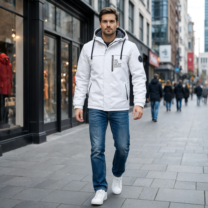Veste hiver homme Le Versant beige portée en ville