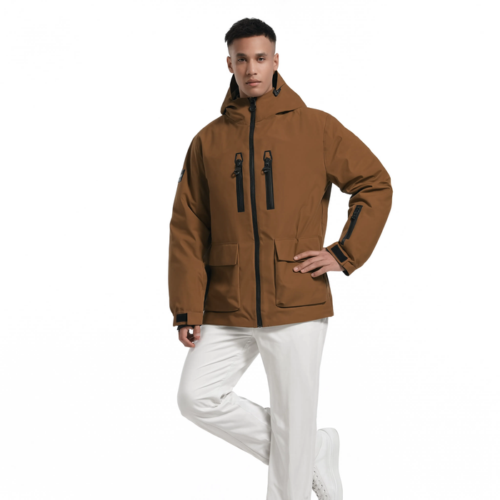 Homme portant la veste de ski camel Le Glacier à capuche