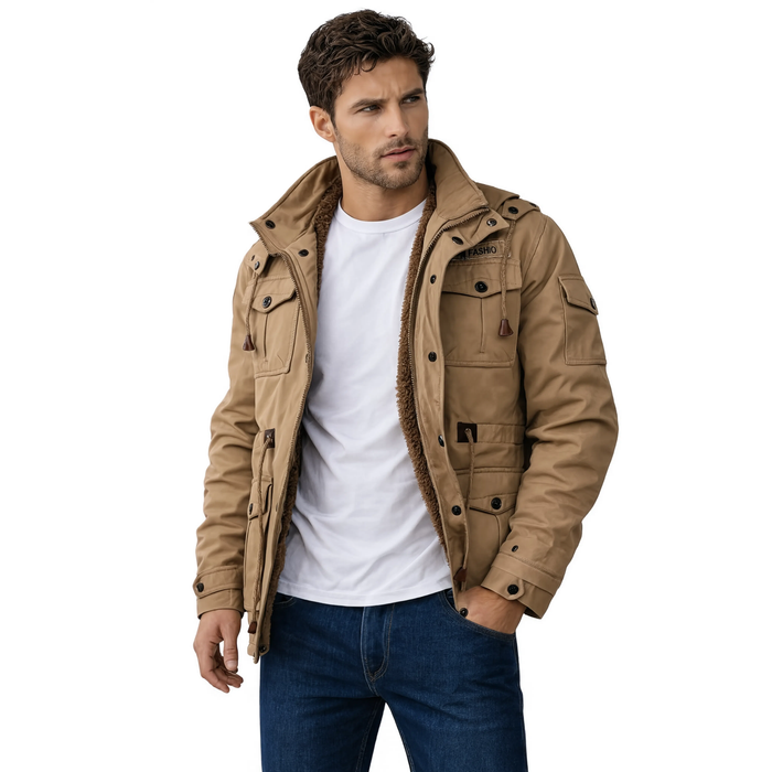 Veste cargo beige ouverte, vue de face sur fond blanc | Le Chargeur