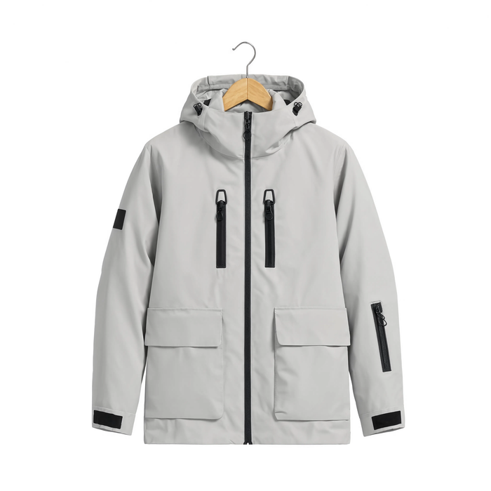 Veste de ski homme gris clair imperméable, vue produit sur cintre