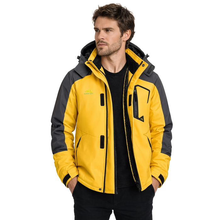 Veste de ski homme jaune à capuche, fond blanc | Le Fanal
