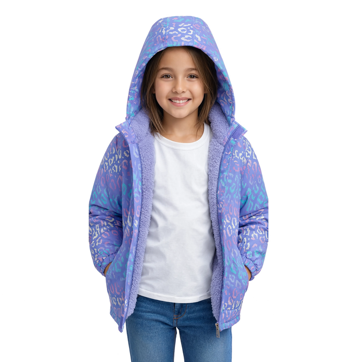 Parka fille violette motif léopard imperméable | La Guéparde