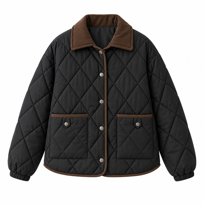 Veste femme matelassée noire en losanges, passepoils marron | La Chocolatine