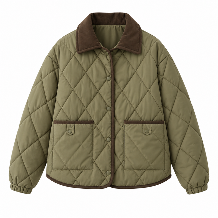 Veste femme matelassée vert olive en losanges, col marron | La Chocolatine