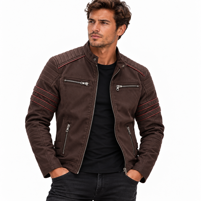 Veste motard homme marron à col montant et zip asymétrique, portée sur un t-shirt noir