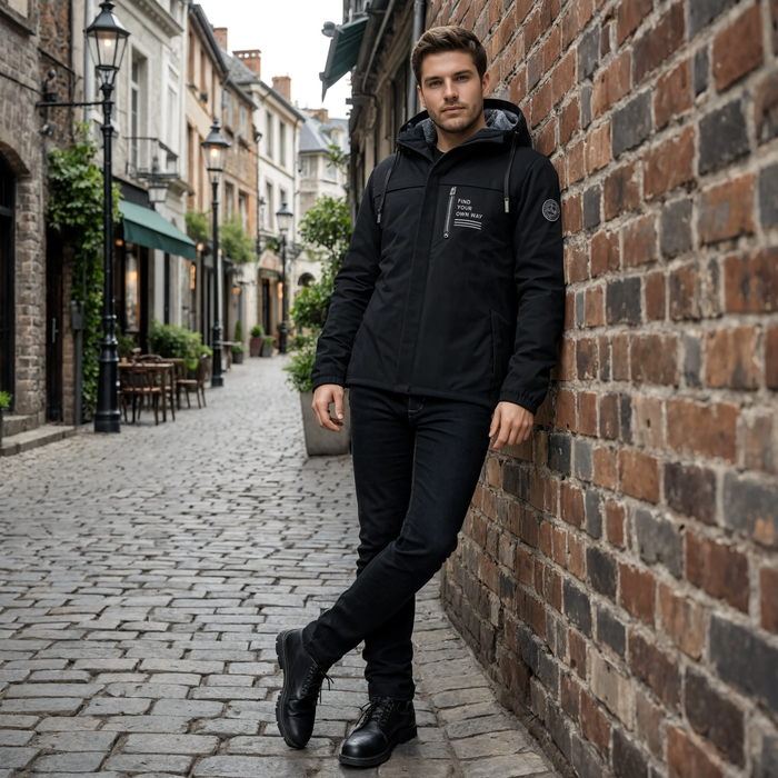 Veste hiver homme Le Versant noire portée dans une ruelle pavée