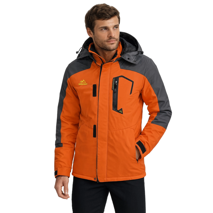 Veste de ski homme orange à capuche, fond blanc | Le Fanal