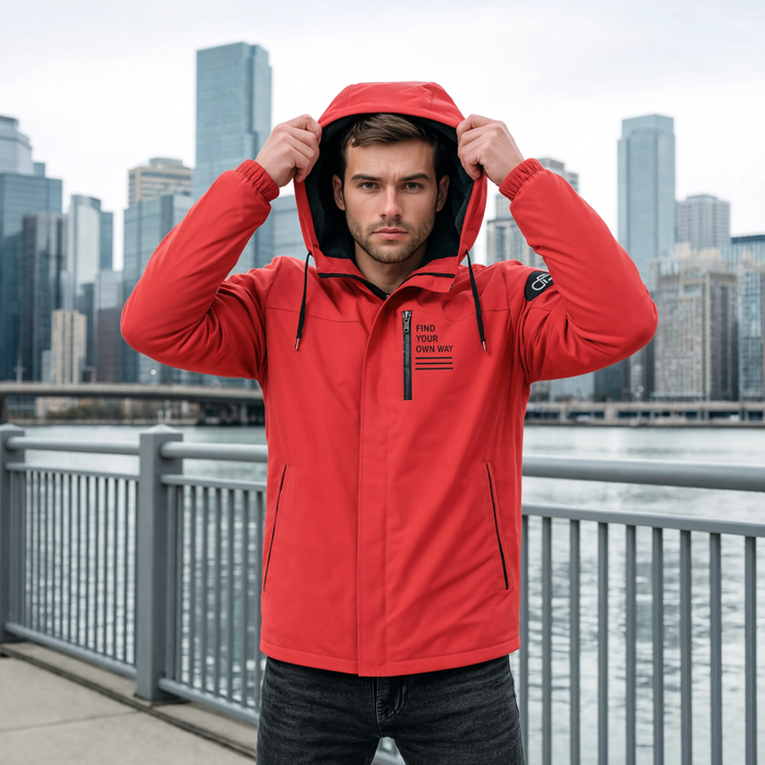 Veste hiver homme Le Versant rouge portée en extérieur sur un pont urbain