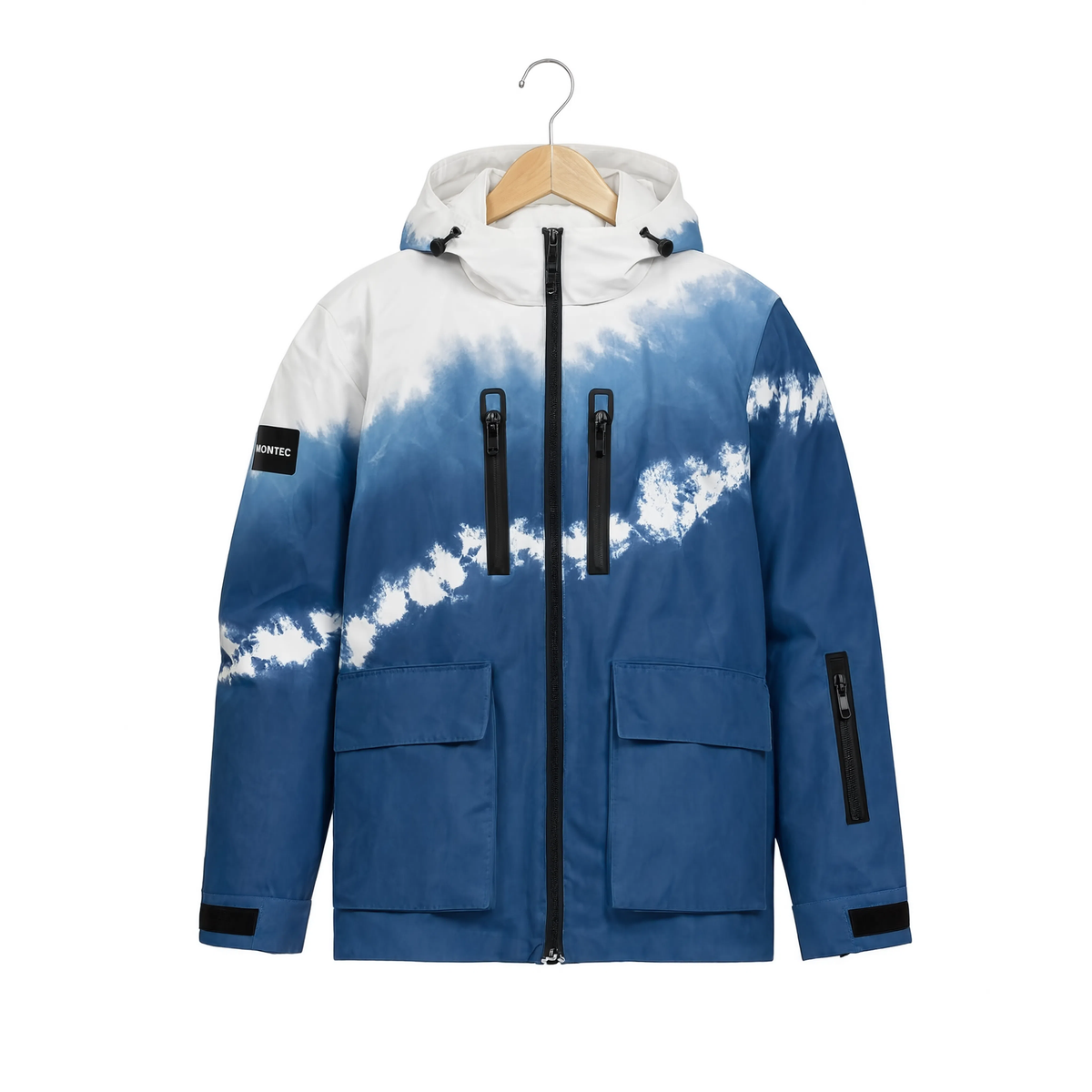 Veste de ski homme bleue tie-dye imperméable, vue produit sur cintre