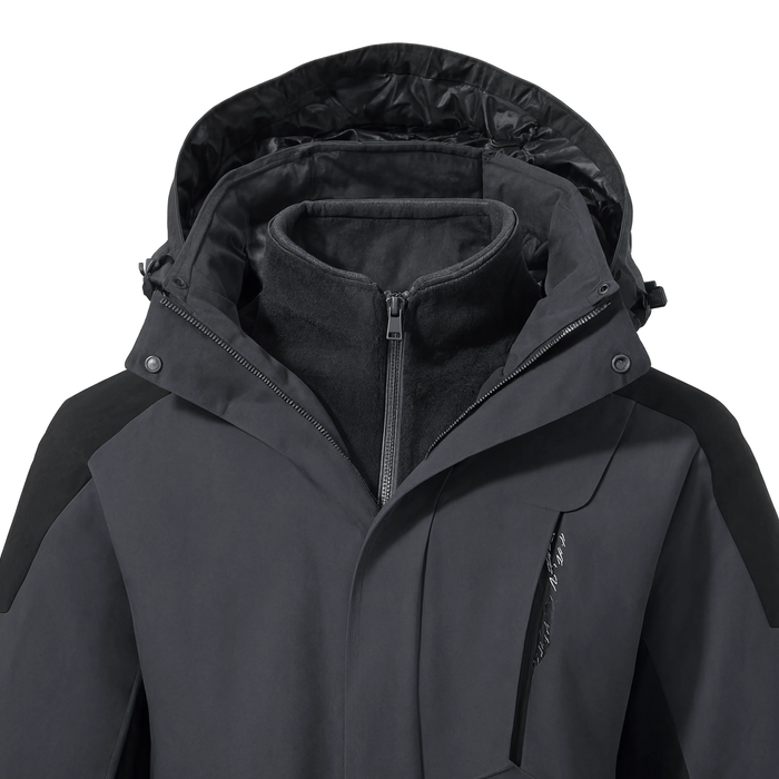 Gros plan sur le col et la capuche réglable de la parka gris anthracite