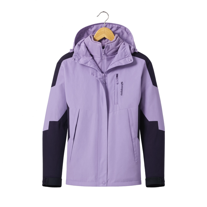 Parka 3 en 1 violet lilas à capuche, vue produit sur cintre