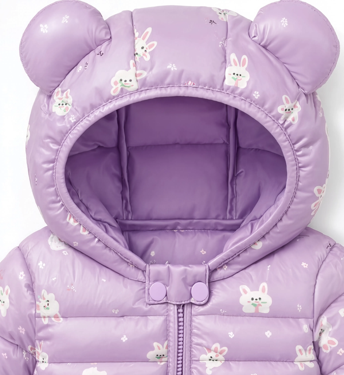 Gros plan sur le col et la capuche de la parka enfant violette lapin
