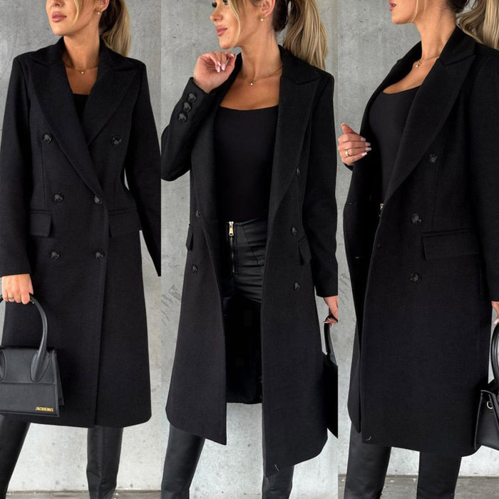 Trench femme noir à double boutonnage, trois vues