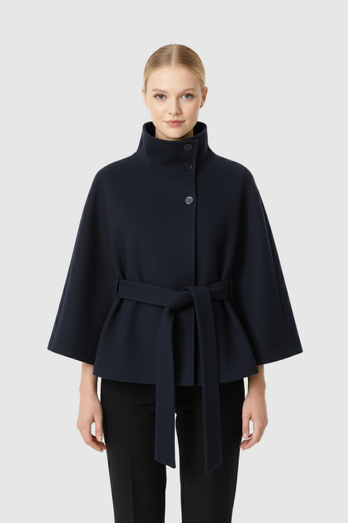 Manteau cape femme col montant ceinture bleu, vue 4 | La Cape Camel