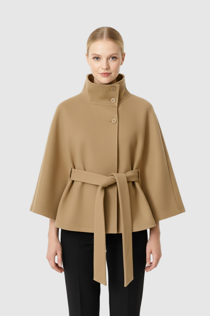 Manteau cape femme col montant ceinture marron, vue 1 | La Cape Camel