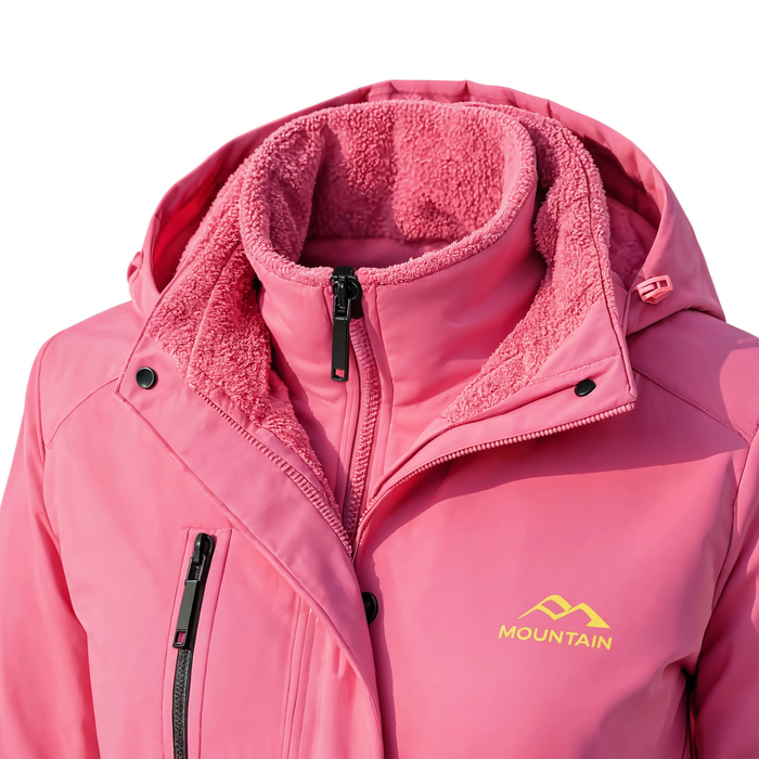 Zoom sur le col et la capuche détachable de la parka de ski La Piste rose