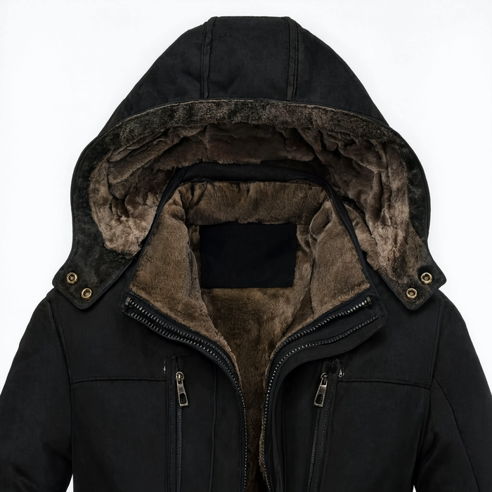 Gros plan sur le col en velours côtelé de la parka noire