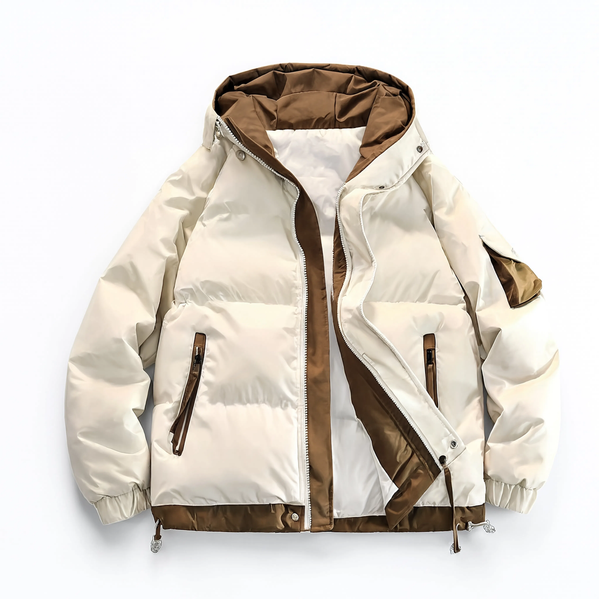 Parka doudoune homme matelassée Le Monolithe beige écru ouverte, doublure contrastée marron