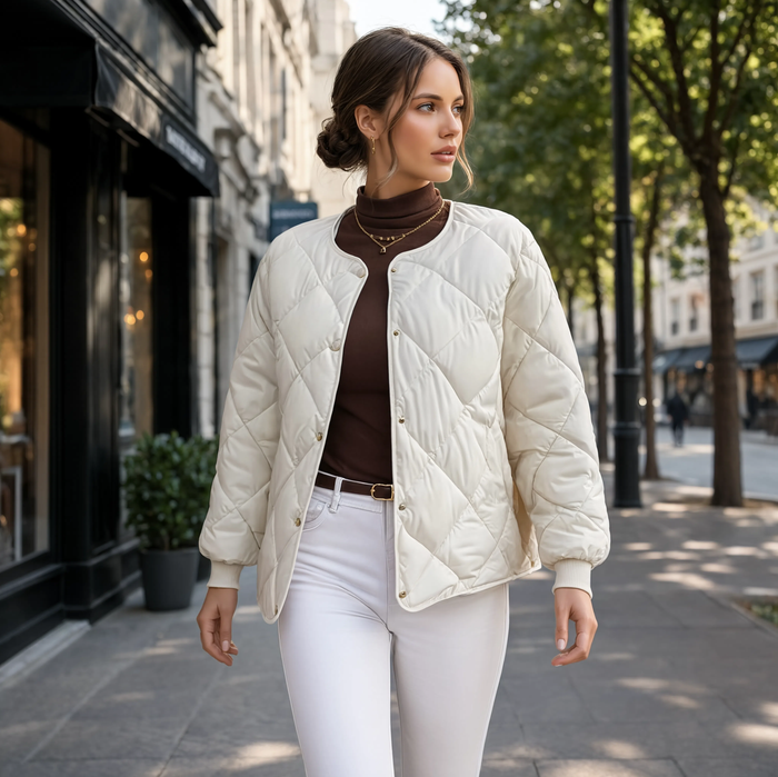 Manteau femme court matelassé L'Opaline blanc écru porté en ville, vue de profil