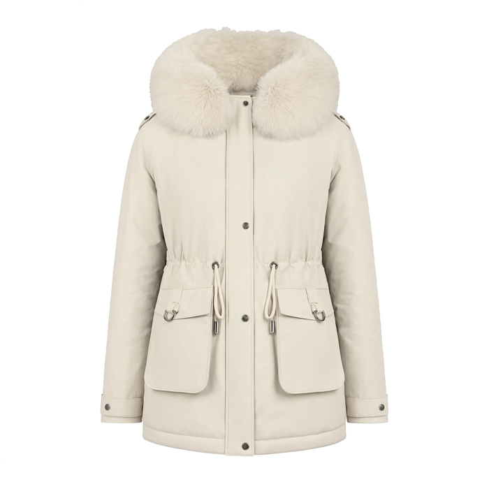 Parka femme L'Écrin blanche sur fond blanc, capuche fausse fourrure et poches à rabat