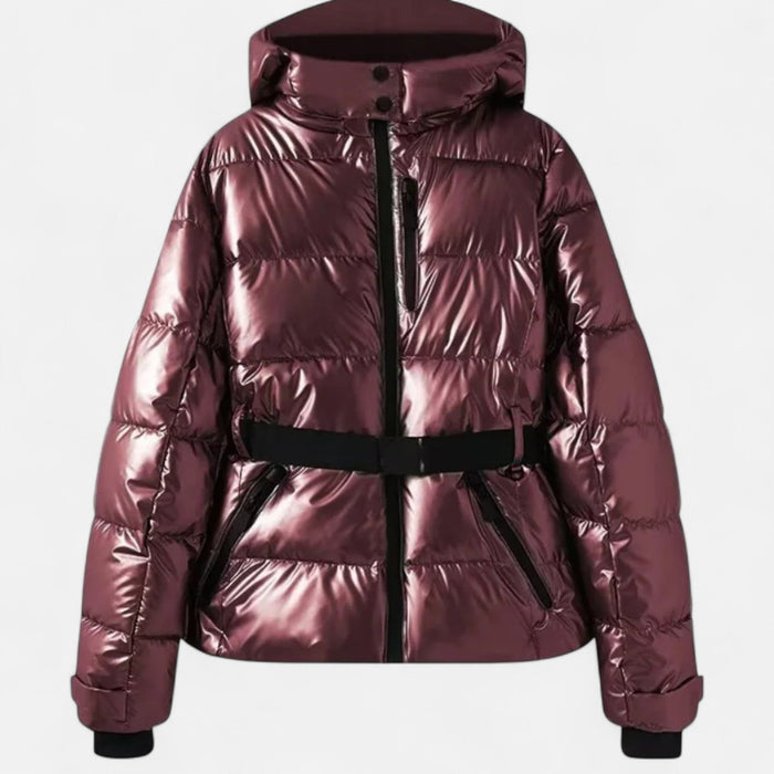 Veste de ski femme brillante ceinturée rouge, vue 1 | La Skieuse